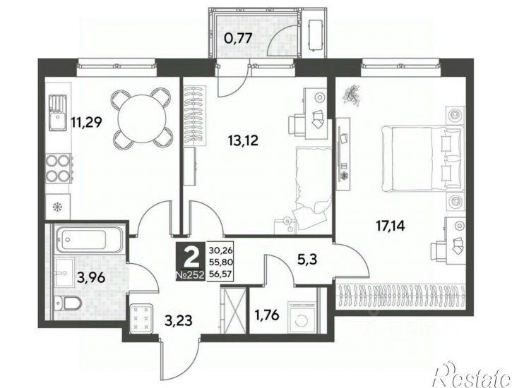 2-комн квартира в новом доме улица Болдина, 26А,  д. 26А