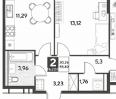 2-комн, 56 кв м, этаж 11/25 ул Болдина, 22а