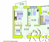 2-комн, 60 кв м, этаж 4/16 Новая улица, 59