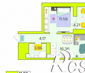 1-комн, 38 кв м, этаж 9/16 Новая улица, 59