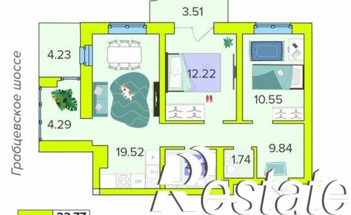 2-комн квартира в новом доме Новая улица, 59,  д. 59