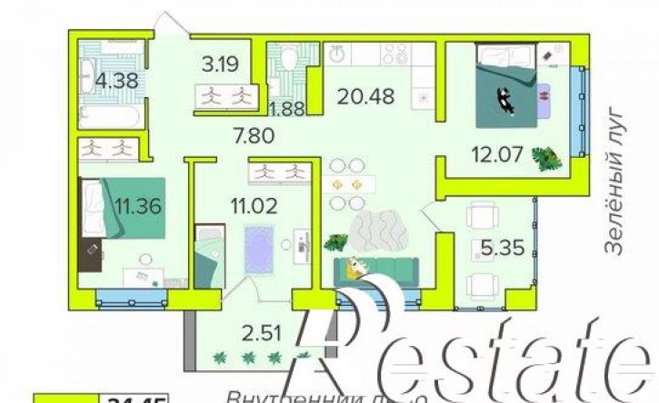 3-комн квартира в новом доме Новая улица, 59,  д. 59